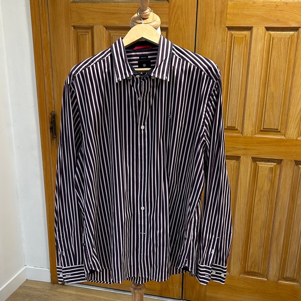 Vintage Victorinox Men's Striped Black, Red and White Shirt